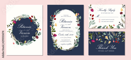 wedding invitation set with beautiful watercolor floral frame
