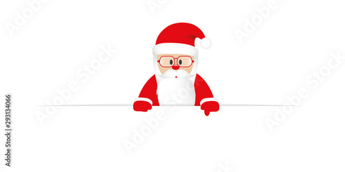 santa claus with glasses points his finger at a white banner vector illustration EPS10