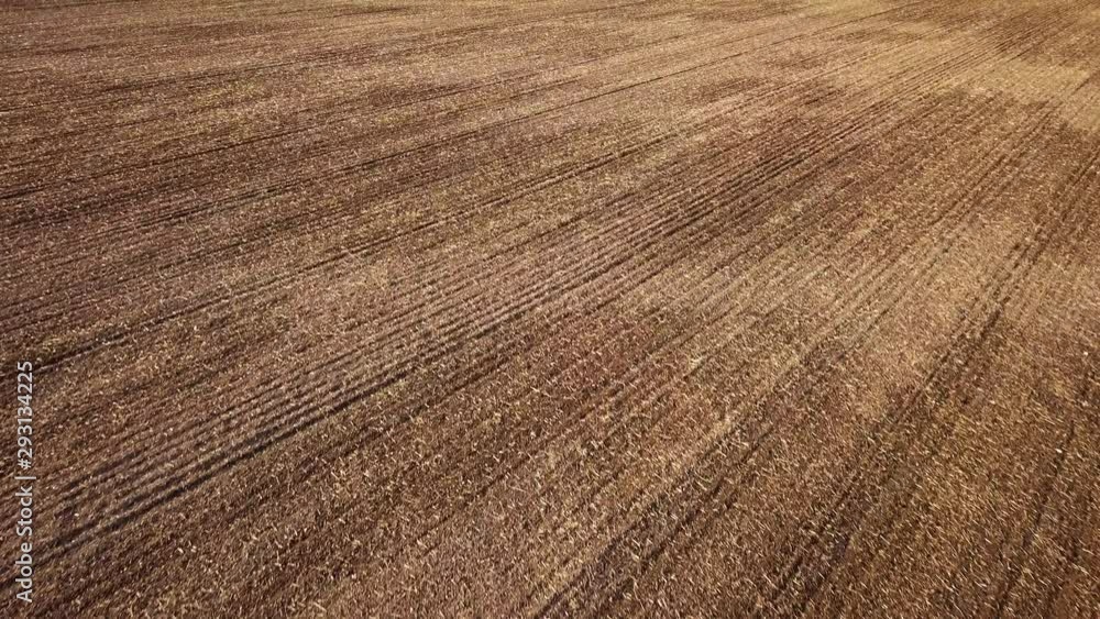 Flying over cultivated soil of grain field Flying over cultivated soil of grain field