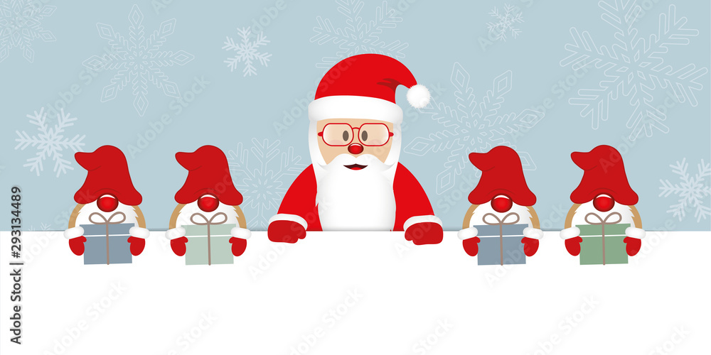 Fototapeta premium santa claus with glasses and his helper gnome with gifts christmas cartoon vector illustration EPS10