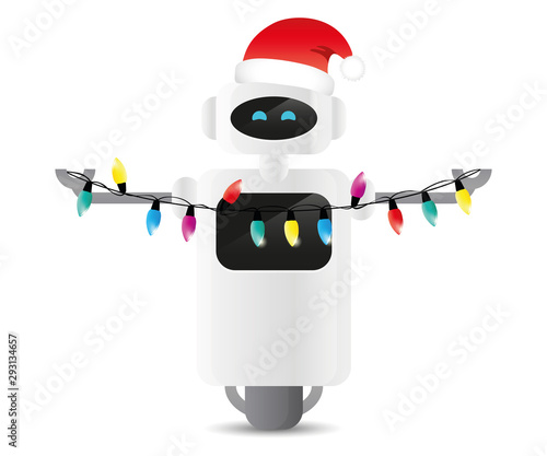 cute robot with christmas fairy lights and santa hat vector illustration EPS10