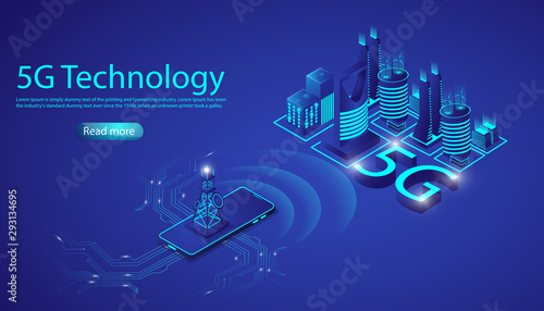 Isometric smart city and giant smartphone with 5G technology network. website template and landing page design. Vector illustration in 3d style.