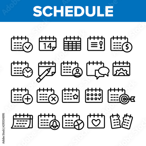 Schedule Collection Elements Icons Set Vector Thin Line. Calendar With Clock And Human, Heart And Bell, Dollar And Gear Mark Schedule Concept Linear Pictograms. Monochrome Contour Illustrations