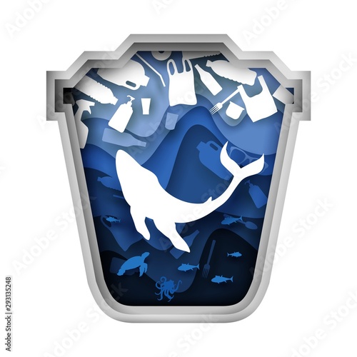 Blue trash can with whale and plastic garbage, vector paper cut illustration