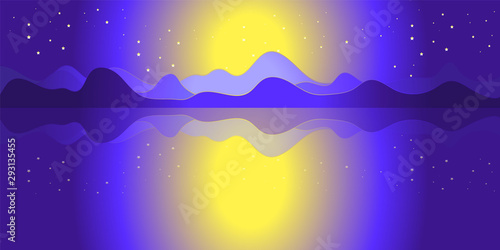 full moon behind the mountain on violet sky with stars and reflection from the water surface