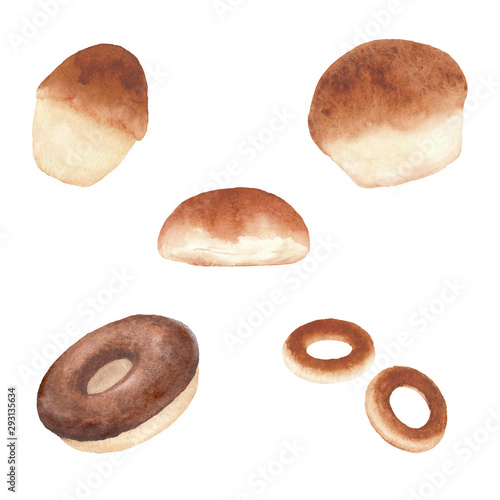 Set with bagel,Patty and bread isolated on white background.Watercolor vector