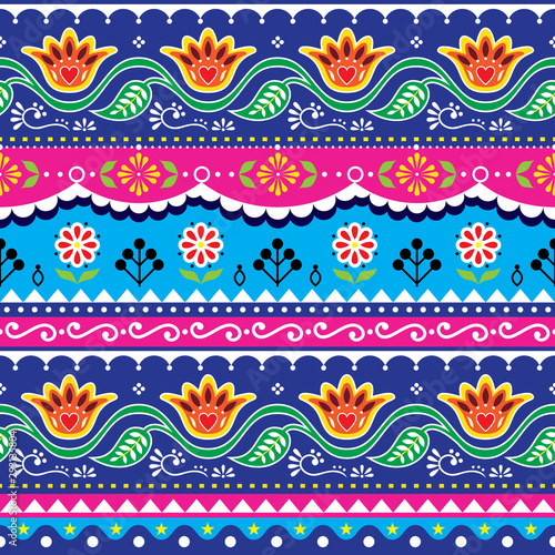 Pakistani truck art vector seamless design, Indian truck floral pattern with flowers, leaves and abstract shapes