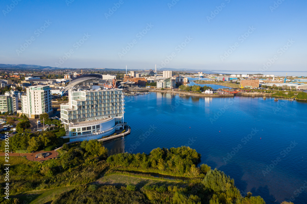 Fototapeta premium Aerial view of Cardiff Bay, the Capital of Wales, UK 2019 on a clear sky summer day