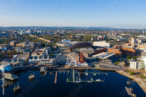 Aerial view of Cardiff Bay, the Capital of Wales, UK 2019 on a clear sky summer day photo