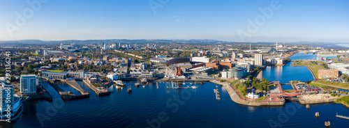 Fototapeta Naklejka Na Ścianę i Meble -  Aerial view of Cardiff Bay, the Capital of Wales, UK 2019 on a clear sky summer day