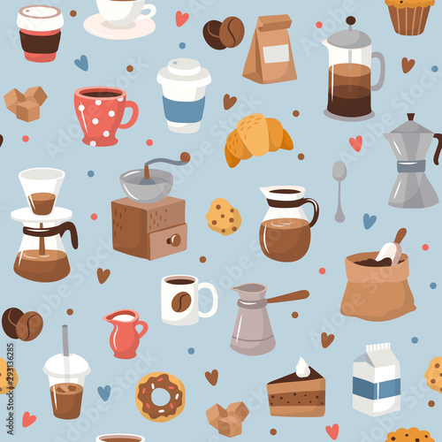 Coffee pattern, different coffee elements. Cute cartoon icons in hand drawn style on blue background Vector illustration