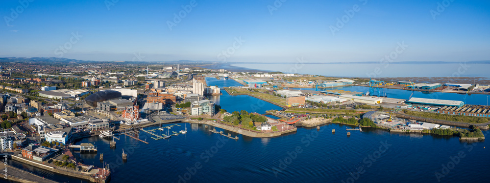 Obraz premium Aerial view of Cardiff Bay, the Capital of Wales, UK 2019 on a clear sky summer day