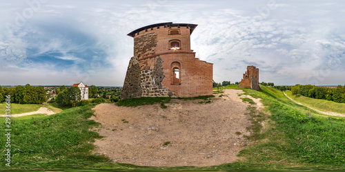 seamless spherical hdri panorama 360 degrees view on high slope near wall of ruined castle of Grand Duchy of Lithuaniain overlooking village from mountain equirectangular projection, for VR content photo