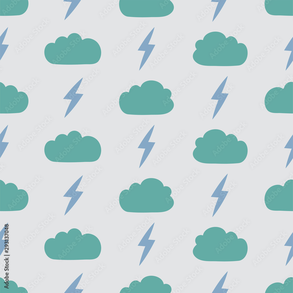 Obraz premium Seamless pattern with clouds and lightning rain. Background for poster, cover booklet, banner, surface design.