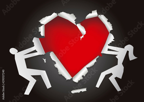   Divorced couple,hole in paper in the shape of heart.  Torn paper with man and woman silhouettes with  torn heart symbol symbolizing relationship crisis. Vector available.