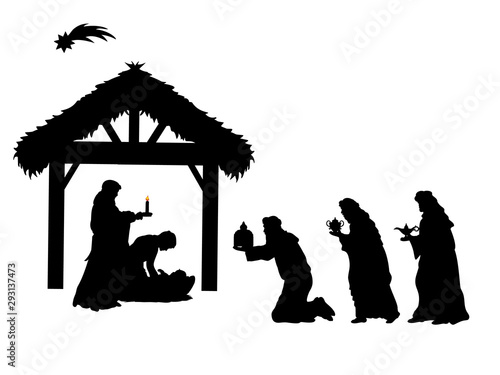 Holiday silhouettes christmas. Sages bowed to Christ. Vector illustration