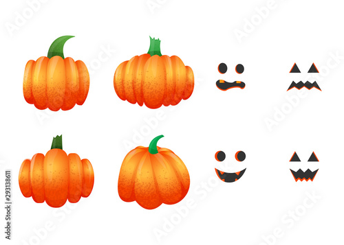 Vector collection of various drawn pumpkins and set of carved faces isolated on white background.  Elements for fall decorative design, halloween invitation, sticker, patch, scrapbook, webpage.