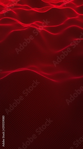 Abstract landscape on a red background. Cyberspace grid. hi tech network. Vertical image orientation. 3D illustration