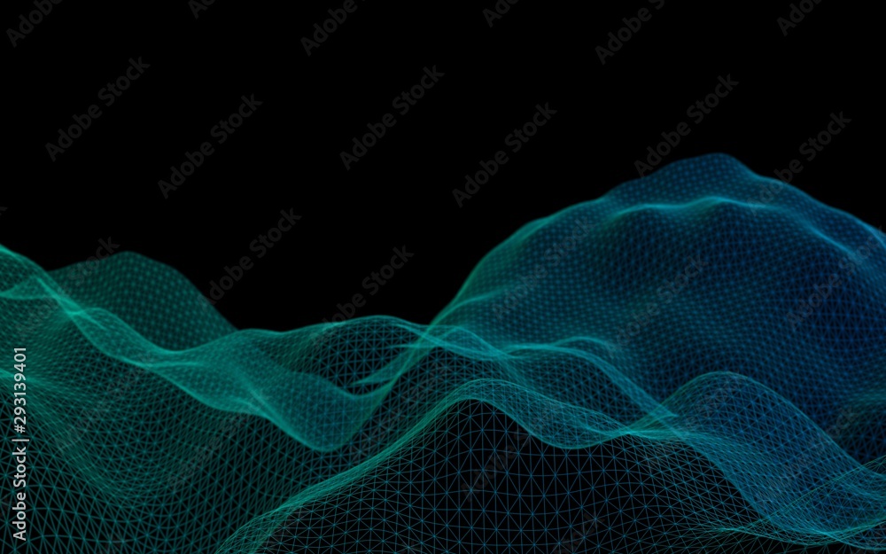 Fototapeta premium Abstract green landscape on a black background. Cyberspace grid. hi tech network. Depth of field. 3D illustration