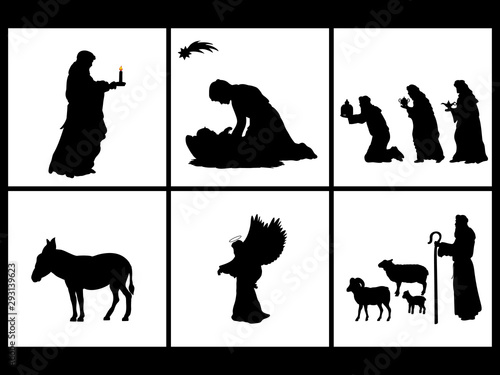Holiday set silhouettes christmas christian Nativity. Vector illustration