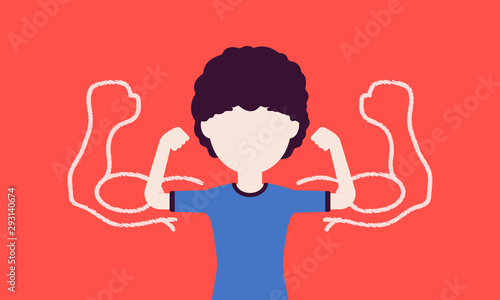 Strong boy showing off biceps. Schoolboy athlete trying to impress with muscles, kid enjoys sport, healthy lifestyle to grow in great physical power. Vector illustration with faceless character