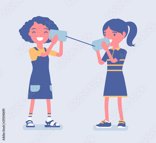 Girls speaking by tin can telephone. Two friends playing in phone with self made speech transmitting device, kids have fun speaking, science game and activities. Vector flat style cartoon illustration