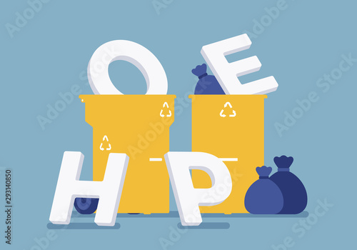 Hope letters put it in the trash bin. Metaphor of lost optimism, expectation and desire, stop believing in worthless or useless dream, refuse waiting for help. Vector flat style cartoon illustration
