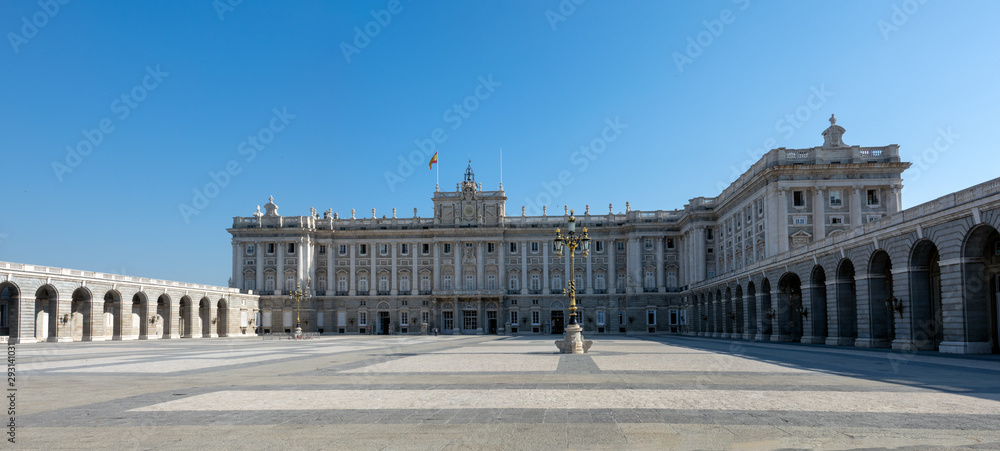 View from public street to the Royal Palace in Madrid in a beautiful summer day, Spain