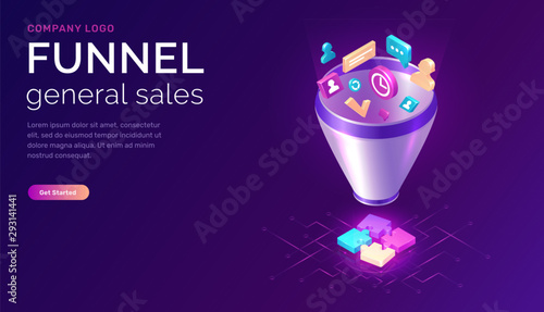 Sales funnel, isometric concept vector illustration. Marketing funnel with data drawn into it for analysis, optimization and sales generation, puzzle elements or successful jigsaw solution, banner