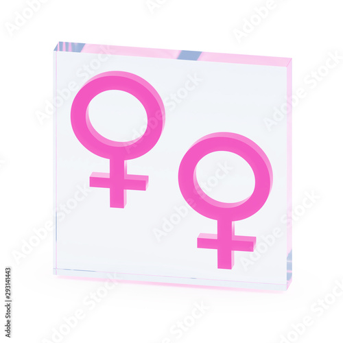 Clear transparent glass or plexiglass display with couple luminous gender female symbols Venus inside on white background, 3D rendered image