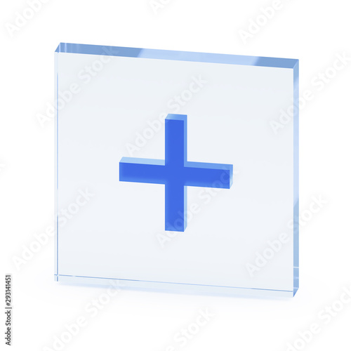 Clear transparent glass or plexiglass display with luminous object like mathematical operation symbol of addition or cross inside on white background, 3D rendered image