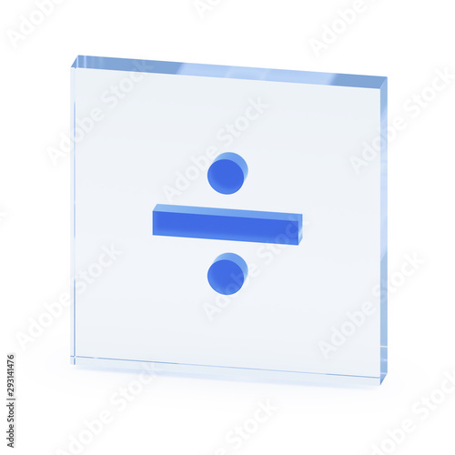 Clear transparent glass or plexiglass display with luminous object like mathematical operation symbol of division or obelus inside on white background, 3D rendered image