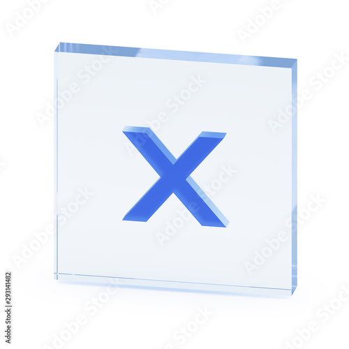 Clear transparent glass or plexiglass display with luminous object like mathematical operation symbol of  multiplication or cross inside on white background, 3D rendered image
