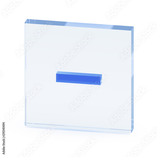 Clear transparent glass or plexiglass display with luminous object like mathematical operation symbol of minus or subtraction inside on white background, 3D rendered image