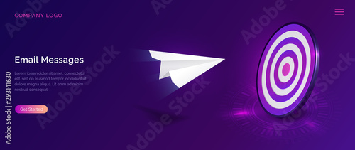 Email message service, isometric concept vector illustration. Flying paper plane and dartboard, information hits target, ultraviolet web page for email marketing company, sending notifications