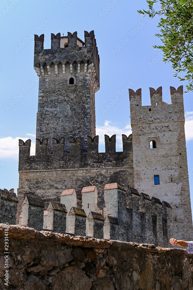 Castle on the island of sirmione in italy. Travel in Europe. Lake and country architecture.