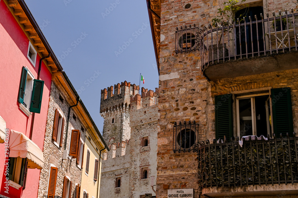 Castle on the island of sirmione in italy. Travel in Europe. Lake and country architecture.