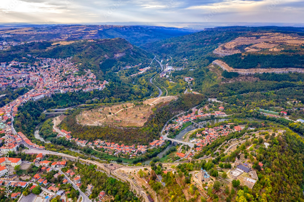 Aerial view of the Veliko Tarnovo and Tsarevets, a medieval fort on top of the hill, capital of the Second Bulgarian Kingdom. Veliko Tarnovo, Bulgaria