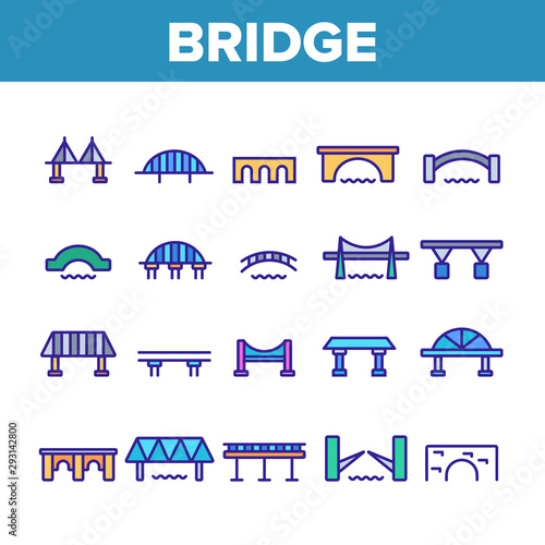 Bridge Construction Collection Icons Set Vector Thin Line. Concrete And Metal, Suspended And Pedestrian Bridge Concept Linear Pictograms. Crossing River Way Monochrome Contour Illustrations