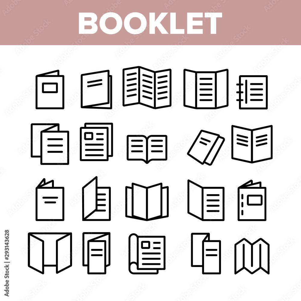 Booklet And Brochure Collection Icons Set Vector Thin Line. Booklet And Letterhead, Flyer And Leaflet, Corporate Catalogue And Envelope Concept Linear Pictograms. Monochrome Contour Illustrations