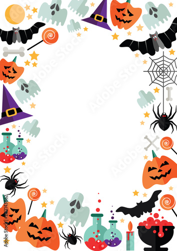 Halloween frame with flat icons on a white background. Vector illustration. Halloween postcard. 