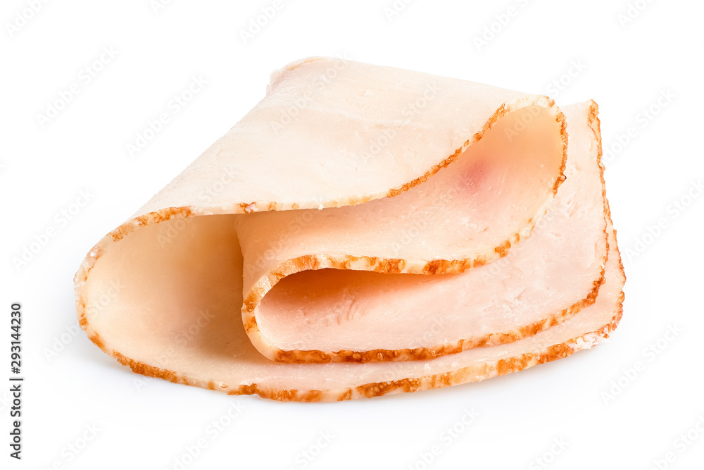 A folded single slice of chicken ham isolated on white. A folded single slice of chicken ham isolated on white.