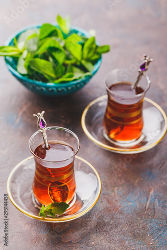 Traditional Turkish arabic dessert and tea