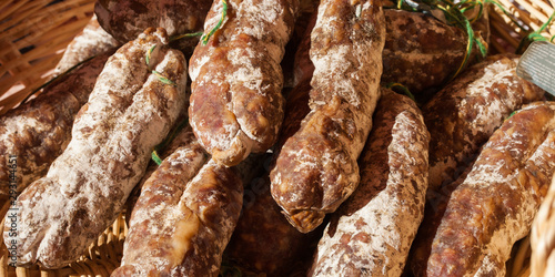 saucissons à vendre à l'étal d'un marché photo