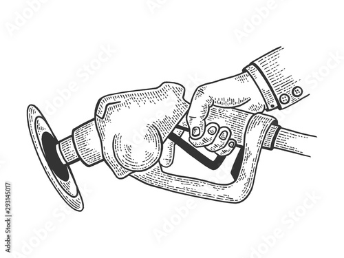 Refueling gun Gasoline filling sketch engraving vector illustration. Scratch board style imitation. Black and white hand drawn image.