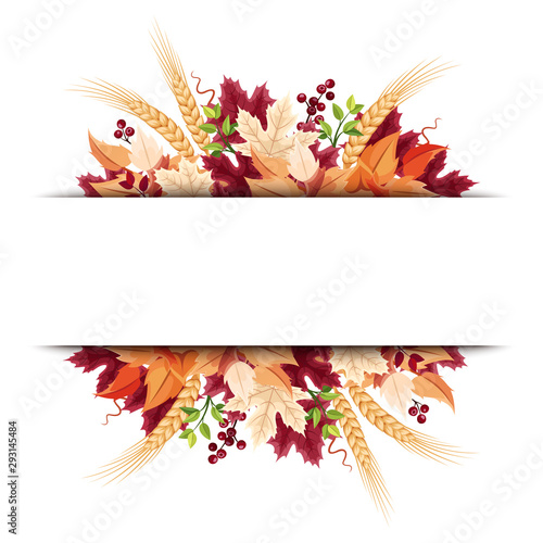 Vector background banner with orange, purple and beige autumn leaves.