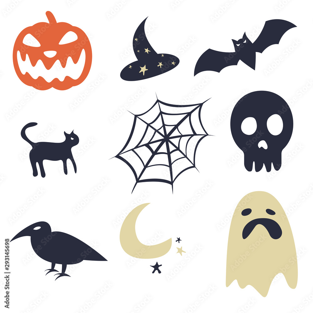 Cartoon Halloween icon set vector simple cartoon style. Pumpkin, ghost, bat, skull, cat, witches hat, crow or raven, spider web. Vector illustration Stock Vector | Adobe Stock Cartoon Halloween icon set vector simple cartoon style. Pumpkin, ghost, bat, skull, cat, witches hat, crow or raven, spider web. Vector illustration Stock Vector | Adobe Stock