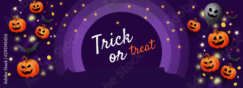 Happy Halloween trick or treat website banner with scary face orange pumpkins, gold coins, stars and gold glitter elements on a lilac background.