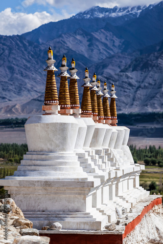 Buddhist chortens stupas in Himalayas.