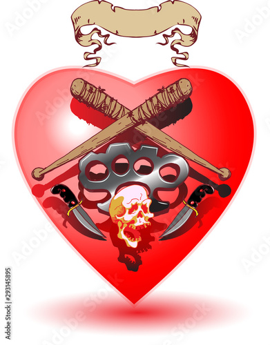 vector image of a heart with a set of weapons of a bit of bone and a skull in the style of pop art cartoon